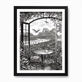 A Window View Of Rio De Janeiro In The Style Of Black And White  Line Art 4 Art Print