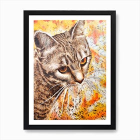 Gray Tabby Cat on Yellow and Orange Art Print