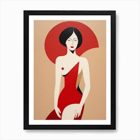 Asian Woman Abstract red and beige Art Art Print