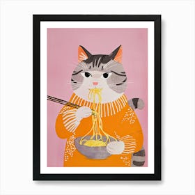 Cute Grey White Cat Eating Pasta Folk Illustration 2 Art Print