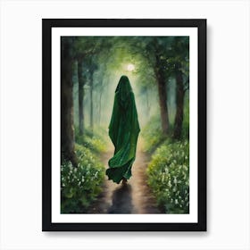 Green Witch of The Forest ~ Witchy Art Cloaked Woman Hurries Through The Woods on a Full Moon, Spring Goddess Watercolour Wheel of The Year, Witches Art Prints, Fairytale Painting, Lunar Moon Lover, Bridget Ostara Lily of The Valley, Mysterious Enchanted Forest, Witchcore Art Print