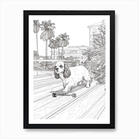 Cavalier King Charles Spaniel Dog Skateboarding Line Art 4 Art Print