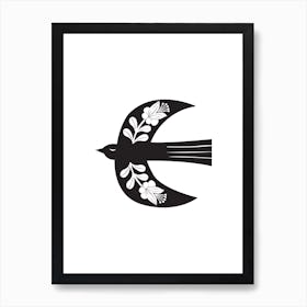 Large Folk Bird Black Art Print