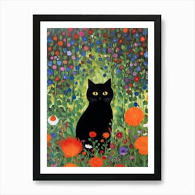 Flower Garden And A Black Cat, Inspired By Klimt 2 Art Print