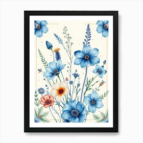 Watercolor Blue Flowers Art Print