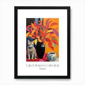 Cats & Flowers Collection Freesia Flower Vase And A Cat, A Painting In The Style Of Matisse 0 Art Print