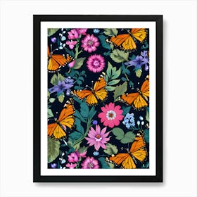 Seamless Pattern With Butterflies And Flowers 15 Art Print