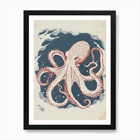 Red & Blue Octopus Retro Linocut Inspired 6 Art Print