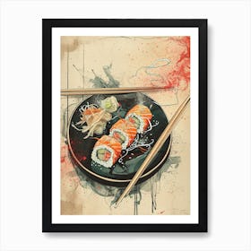 Sushi & Chopsticks Abstract Paint Drip Illustration Art Print