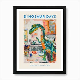 Dinosaur Cooking In The Kitchen Blue Orange Poster 3 Art Print