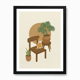 Minimal art Cat Sitting On A Chair looking plant Art Print