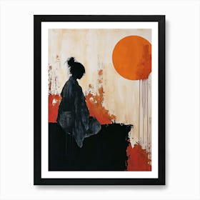 Asian Woman and Red Sun, Chinese Classic Art Print