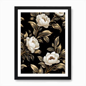 White Peonies On A Black Background Art Print