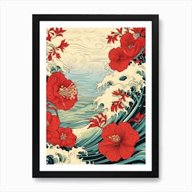 Great Wave With Hibiscus Flower Drawing In The Style Of Ukiyo E 1 Art Print