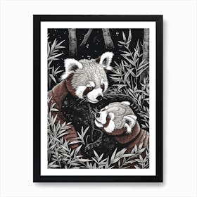 Red Panda Playing Together In A Meadow Ink Illustration 2 Art Print