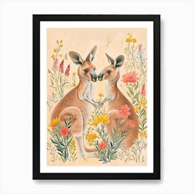 Folksy Floral Animal Drawing Kangaroo Art Print