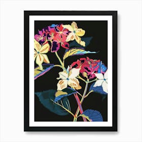 Neon Flowers On Black Hydrangea 4 Art Print