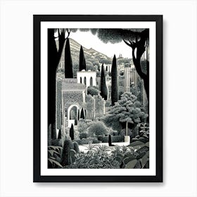 Gardens Of Alhambra, Spain Linocut Black And White Vintage Art Print