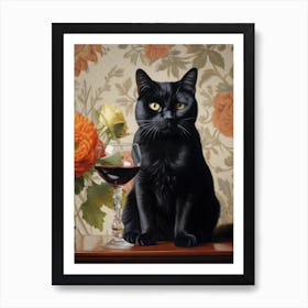 Black Cat With Wine Glass Art Print