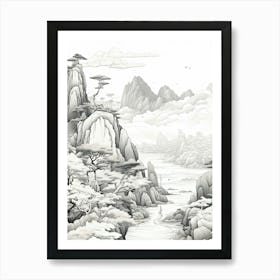 Yakushima Island In Kagoshima, Ukiyo E Black And White Line Art Drawing 1 Art Print