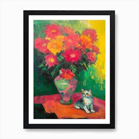 Chrysanthemums With A Cat 2 Fauvist Style Painting Art Print