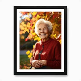 Elderly Woman Smiles Surrounded By A Vibrant Array Of Fall Foliage Golden And Crimson Leaves Frame (1) 2 Art Print