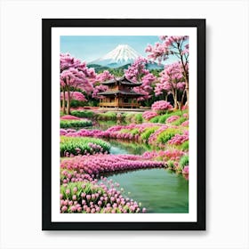 Cherry Blossoms In Spring Mount Fuji Japan Beautiful Lake Landscape Art Print