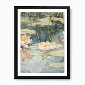 Water Lilies Print Vintage Flowers Pond Watercolour 2 Art Print