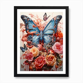 Butterfly And Roses 1 Art Print