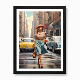 New York Middle 20th Century Walking Girl Retro Cars 5 Art Print