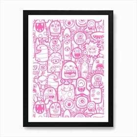 Cute Clusters of Monsters and Aliens Pink and White Kids Art Print