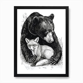 Malayan Sun Bear And A Fox Ink Illustration 3 Art Print