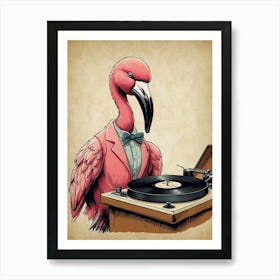 Flamingo At The Turntable Art Print