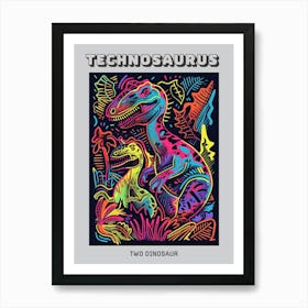 Two Neon Dinosaur Line Illustration Poster Affiche