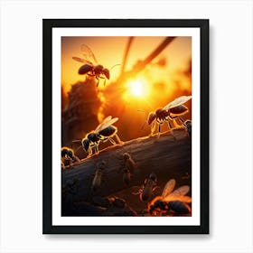 Ant Colony Collaboratively Foraging Under The Glowing Blaze Of A Setting Sun With Elongated Shadows (1) Art Print