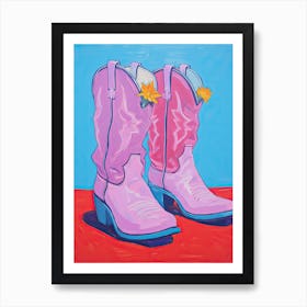 Pink Cowbow Boots With Yellow Flower Art Print