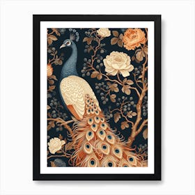 Navy Blue & Brown Peacock Wallpaper Art Print