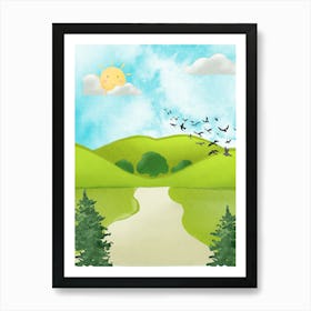 Landscape With Birds Watercolor Art Print