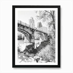 Congress Avenue Bridge Austin Texas Black And White Drawing 2 Art Print