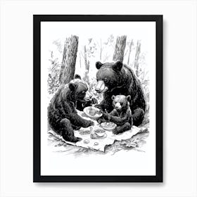 Malayan Sun Bear Family Picnicking Ink Illustration The Woods Ink Illustration 1 Art Print