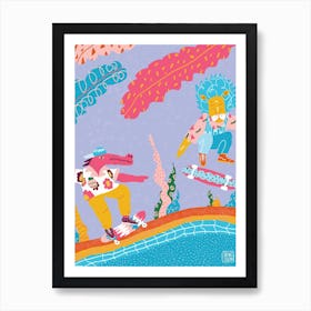  Skating Pink Crocodile And Yellow Lion Art Print