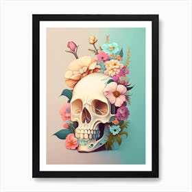 Skull With Tattoo Style 1 Artwork Pastel Vintage Floral Art Print