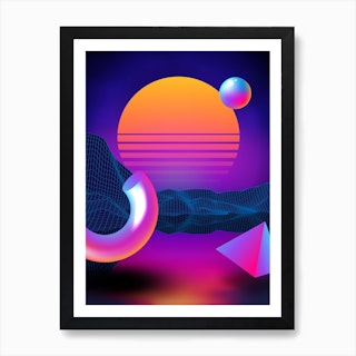 Neon sunset, geometric figures [synthwave/vaporwave/cyberpunk] — aesthetic neon retrowave poster Art Print
