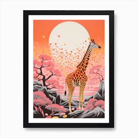 Giraffe In The Nature With Trees Pink 1 Art Print