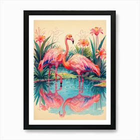 Flamingos In Water Art Print