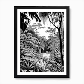 Penang Botanic Gardens, Malaysia Linocut Black And White Vintage Art Print