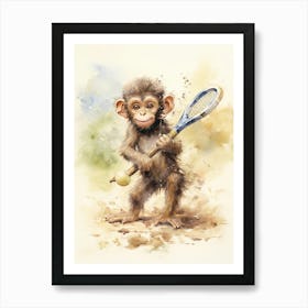 Monkey Painting Playing Tennis Watercolour 2 Art Print