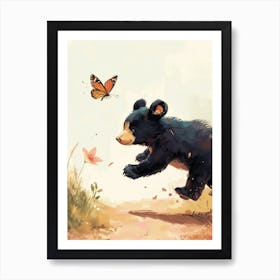 American Black Bear Cub Chasing After A Butterfly Storybook Illustration 3 Art Print