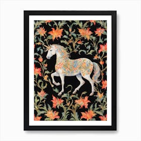 Unicorn Prince Among The Wildflowers ~ Mugwort and Datura Art Nouveau Daisy Colorful Flowers Room Decor Bohemian Pagan Textile Artwork Ornate Tarot Witchy Fairytale Watercolor Black Background Modern Twist Art Print