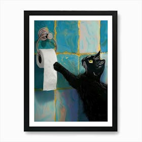 Bathroom Black Cat With Toilet Paper Print Funny Art Print